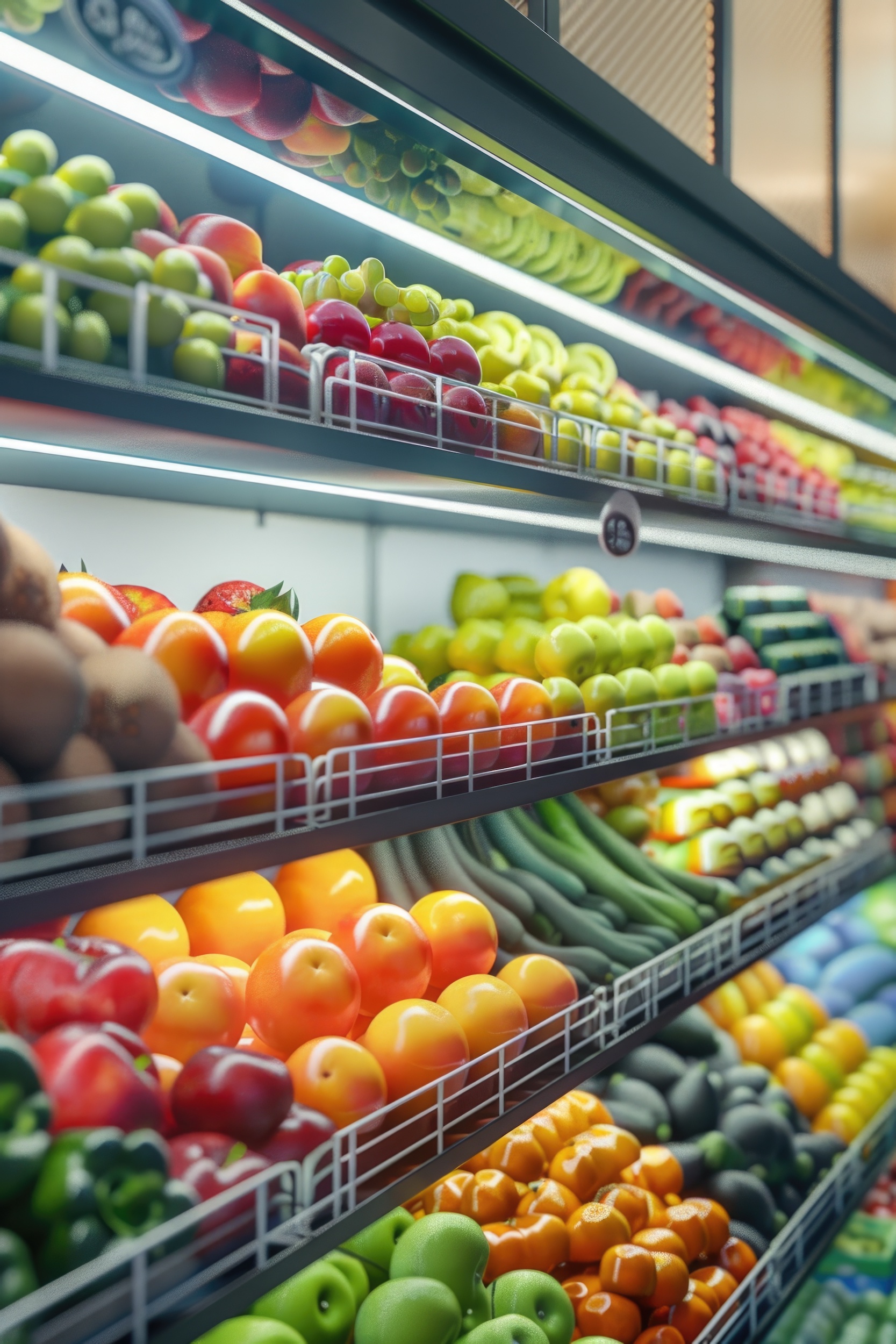 A vibrant display of fresh fruits and vegetables in a grocery store produce section, ideal for use in advertising or editorial content