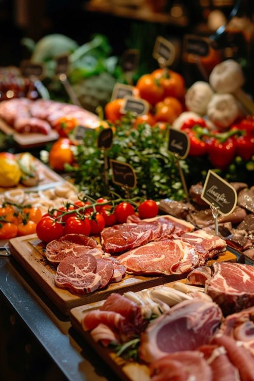 Butchers selection of meats with fresh vegetables gourmet display